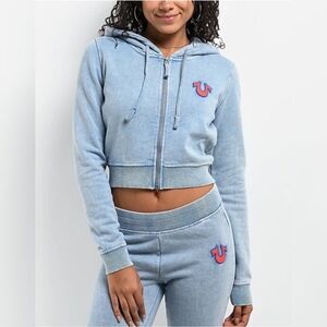 True Religion Big T Logo Blue Wash Crop Zip Hoodie